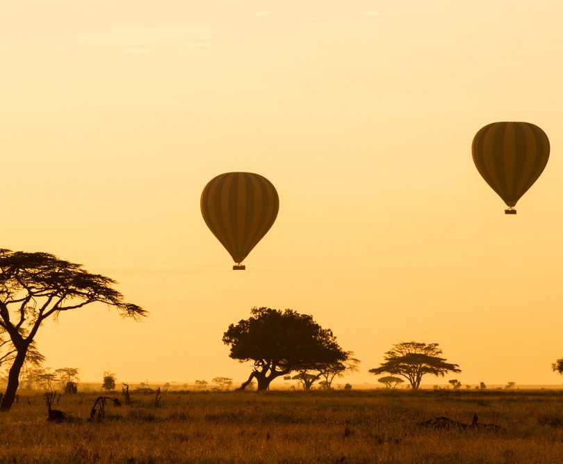 Zwei Heißluftballons die bei Sonnenaufgang über die Serengeti fliegen