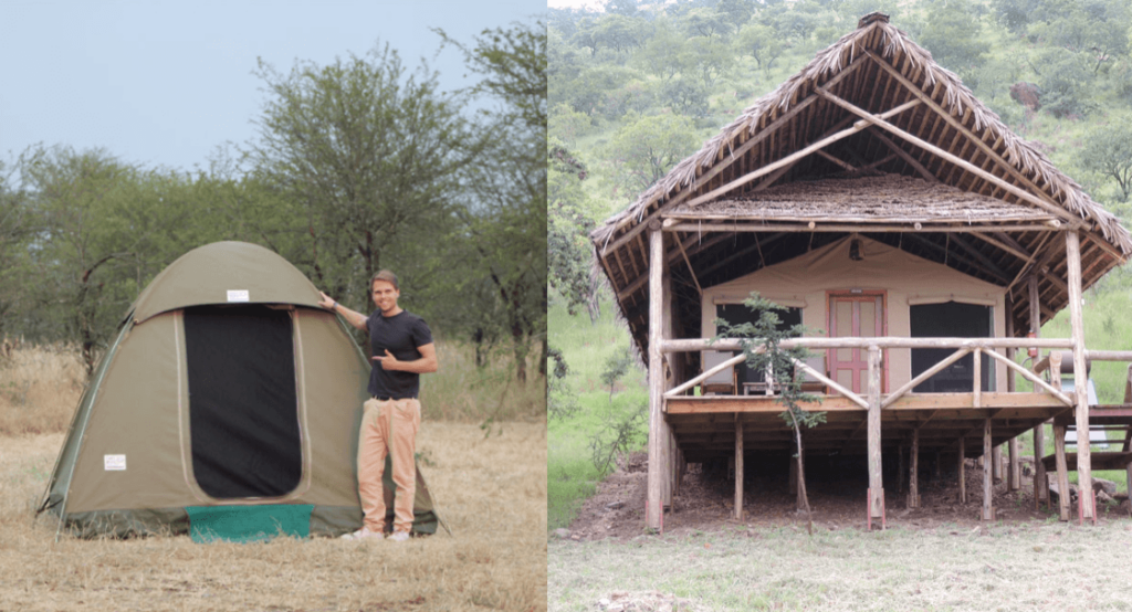 Reisender mit Zelt auf Campingsafari in Tansania