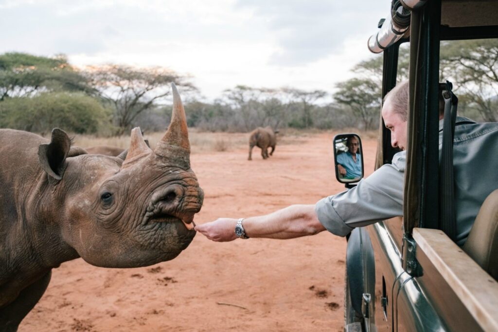 Spitzmaulnashorn wird von Person aus dem Auto gefüttert