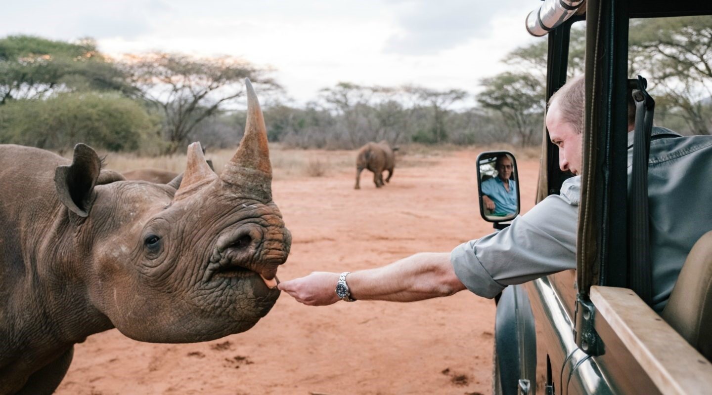 Spitzmaulnashorn wird von Person aus dem Auto gefüttert