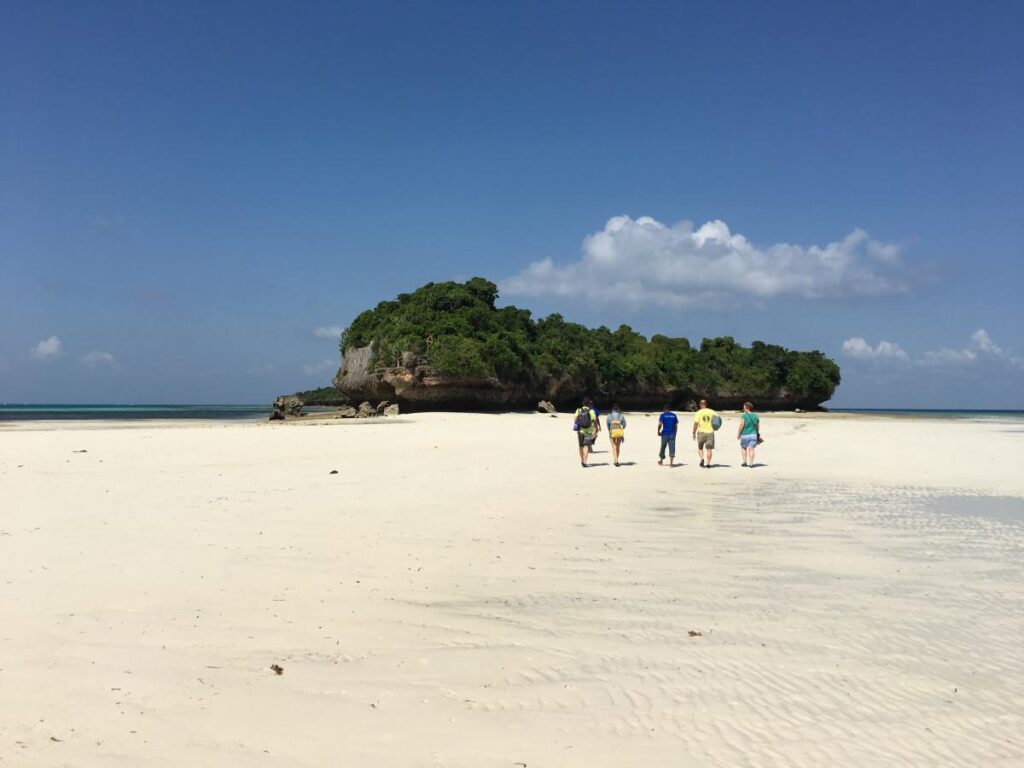 Personen auf weißem Sandstrand vor großem Felsen mit grünen Bäumen