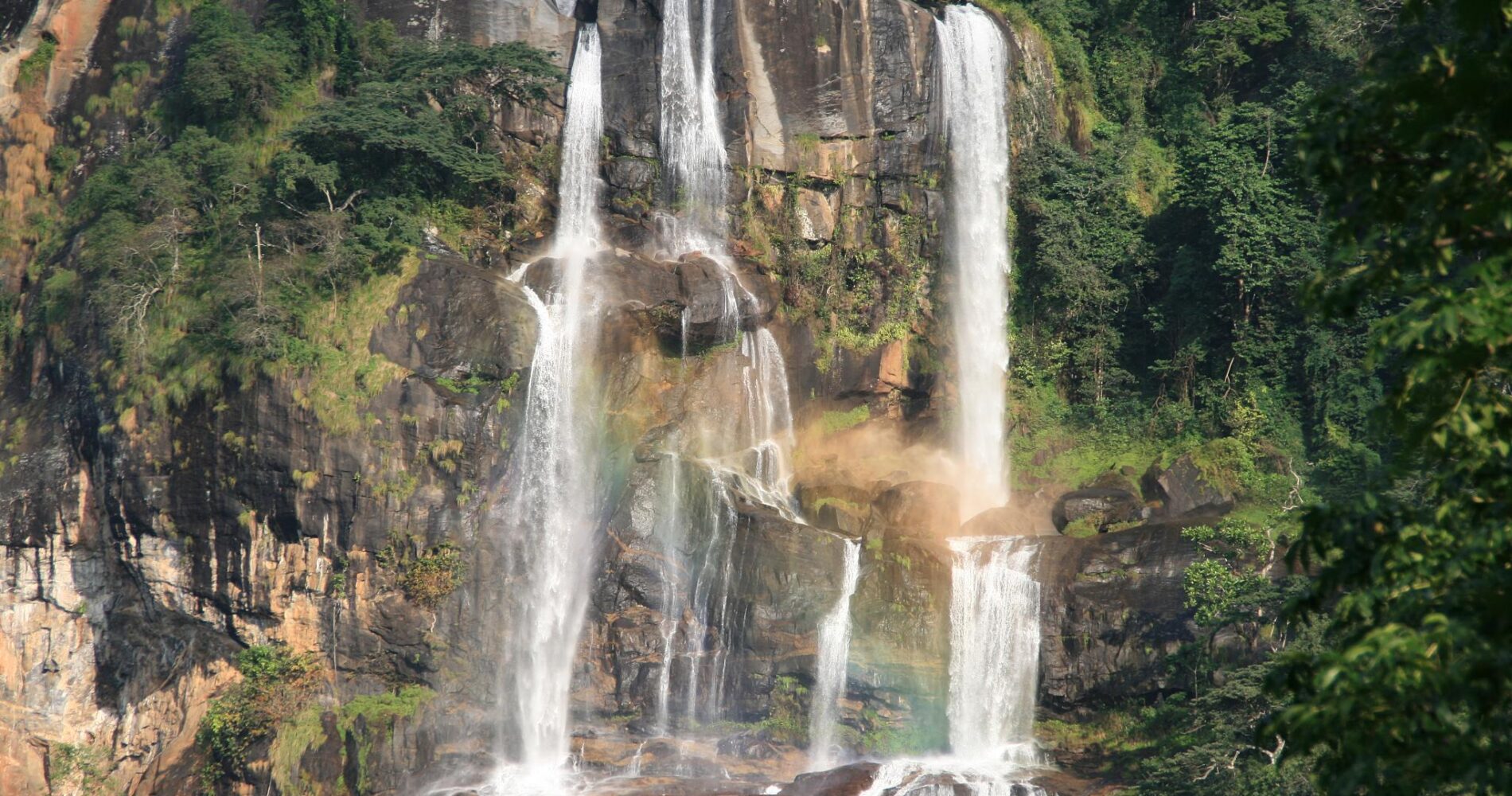 Wasserfall auf großen grauen Felsen mit grünen Bäumen