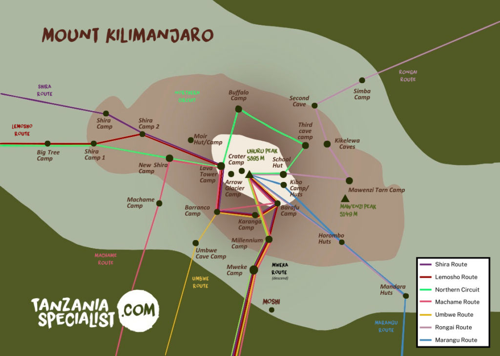 Tanzania Specialist Karte mit Kilimandscharo-Routen
