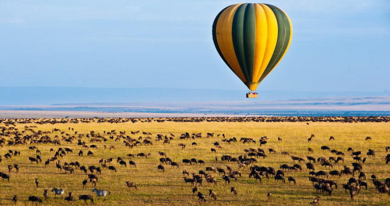 Heißluftballon schwebt über Savanne mit Tierherden