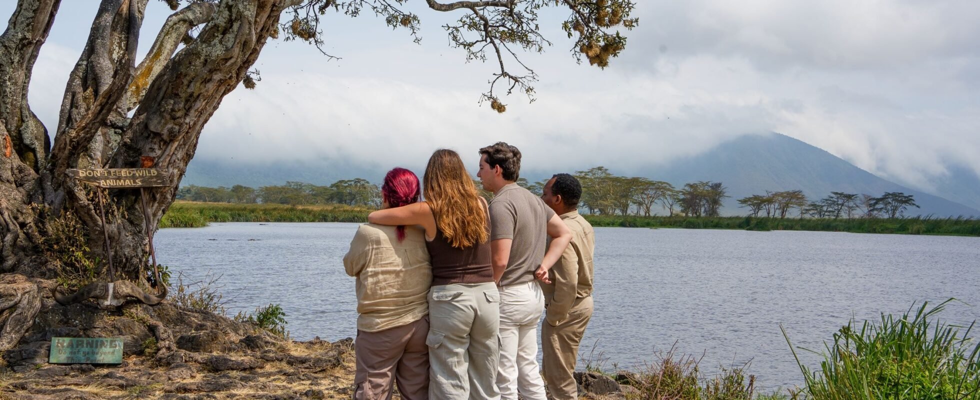 Vier Leute, die Arm in Arm in die Natur schauen