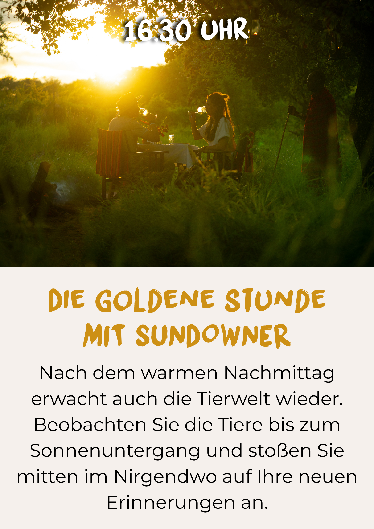 Pirschfahrt zur goldenen Stunde, gefolgt von einem Sundowner